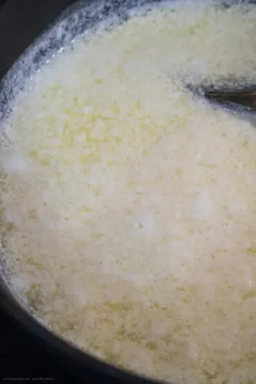 Zitronensaft wird in die heiße Milch gerührt, um Frischkäse selber zu machen.