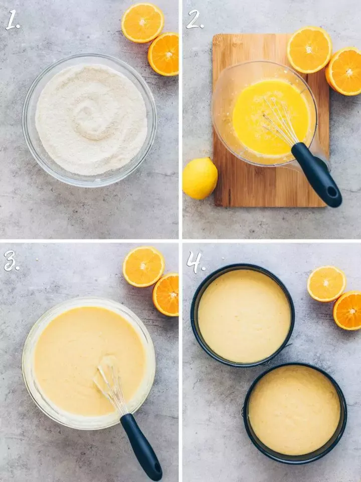 Zubereitung des Rührteigs für die veganen Mandelkuchenböden in einer Backform