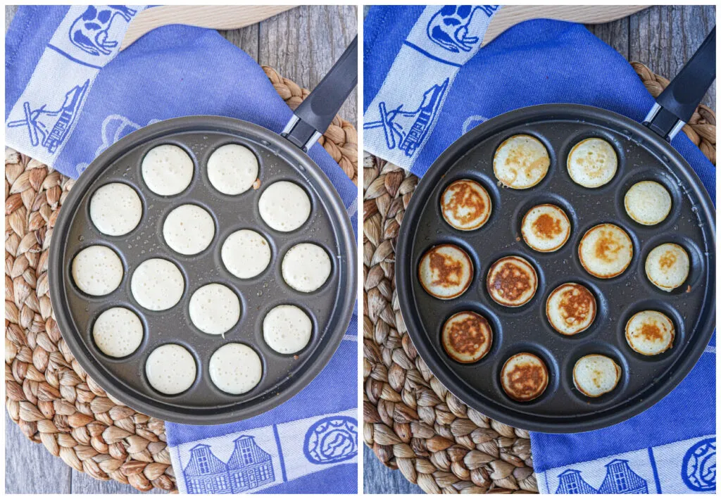 Zubereitungsschritte für Poffertjes: Teig in der Poffertjespfanne und goldbraun gewendete Mini-Pfannkuchen