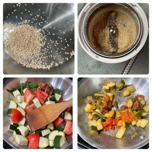 Zucchini und Tomaten in einer Pfanne beim Kochvorgang für Chutney