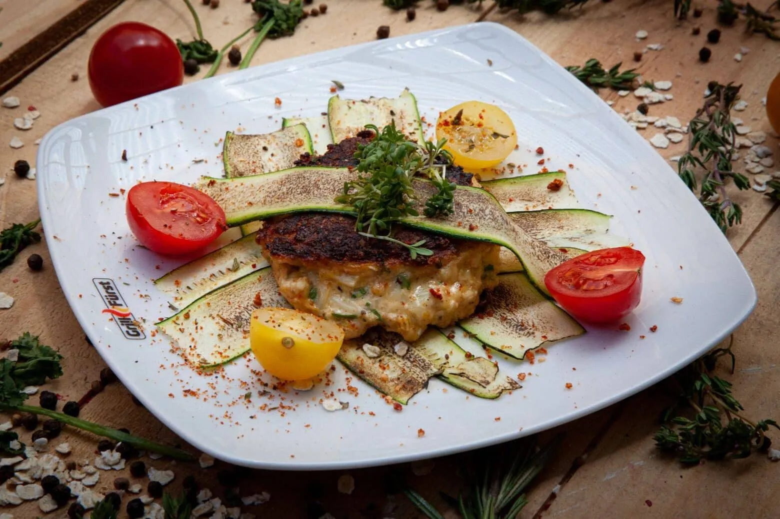 Zucchinischeiben um Haferhack-Frikadelle