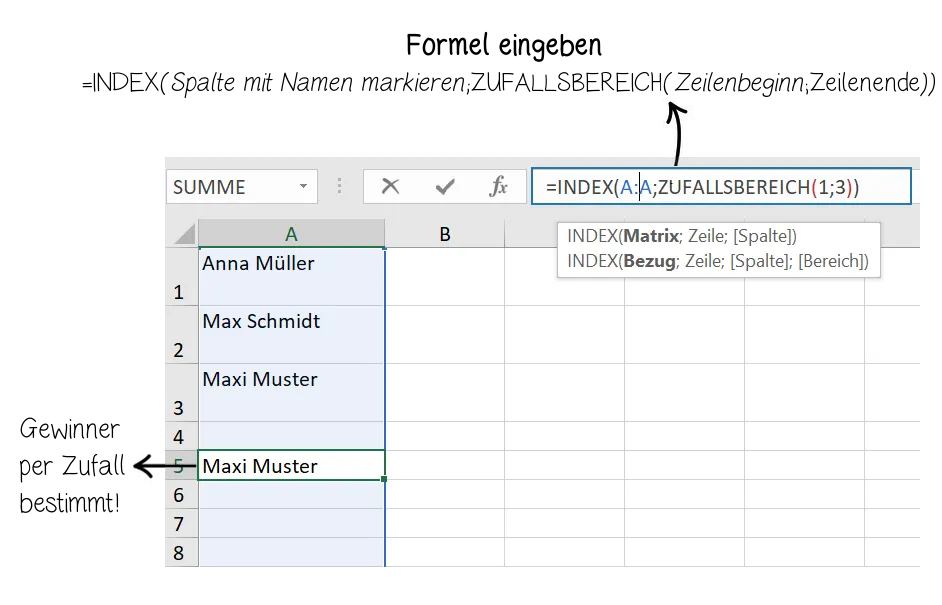 Zufallsgewinner-Auslosung in Excel