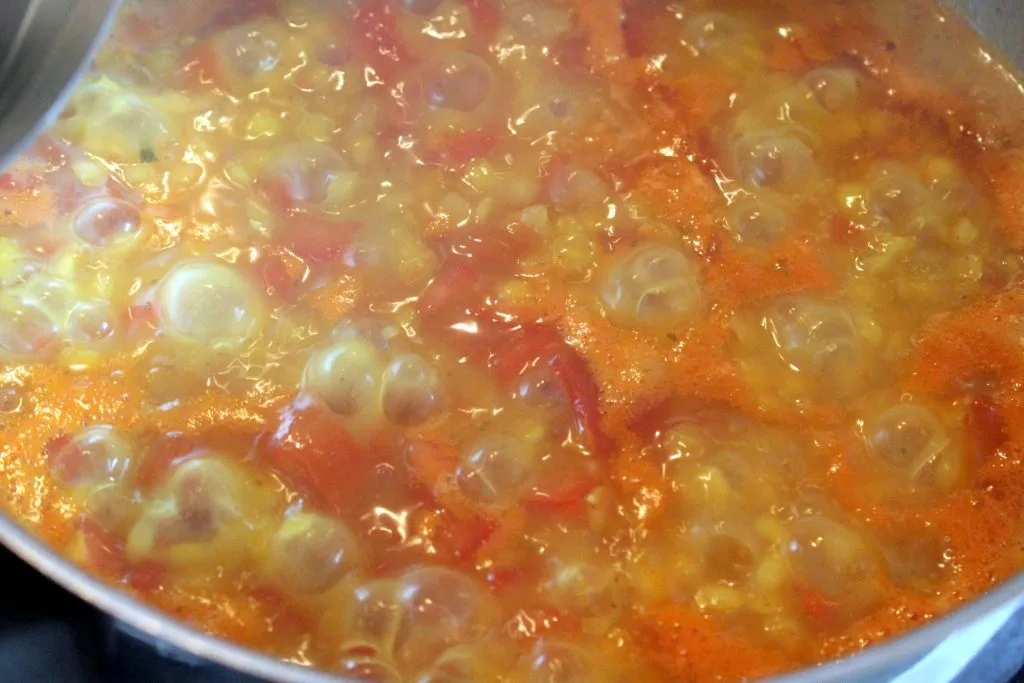 Zutaten für indisches Linsengericht: Zwiebeln, Tomaten, Ingwer und Gewürze