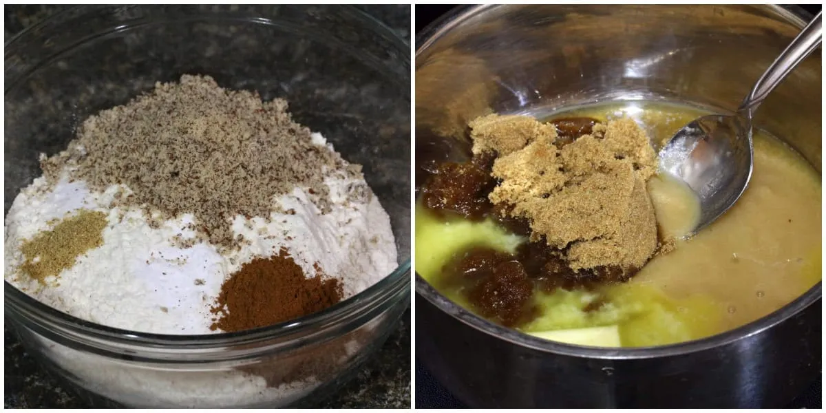 Zutaten für Pfeffernüsse: Trockene und feuchte Komponenten separat vorbereitet