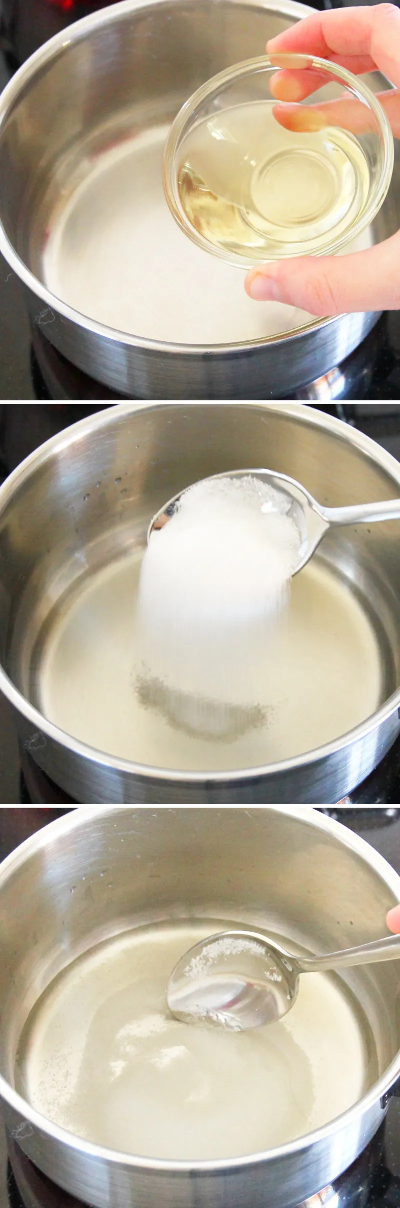 Zutaten für selbstgemachten Sushi-Essig – Reisessig, Zucker und Salz – werden in einem kleinen Topf erwärmt.