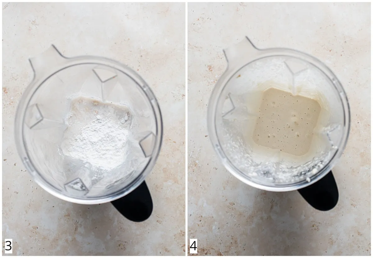 Zutaten für vegane Burrata werden in einem Hochgeschwindigkeitsmixer püriert