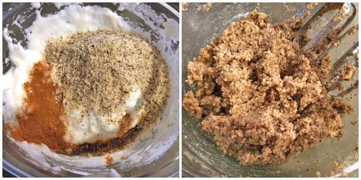 Zutaten für Zimtsterne: Nüsse, Zimt und Gewürze zum Teig hinzufügen