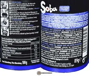 Zutaten und Zubereitungsanleitung auf der Seite der Nissin Soba Packung