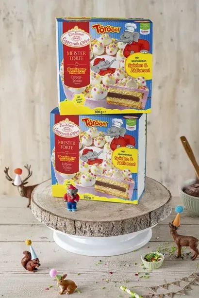 Zwei Benjamin-Blümchen Torten von Coppenrath & Wiese bereit zur Zubereitung für den Geburtstagskuchen Waldtiere