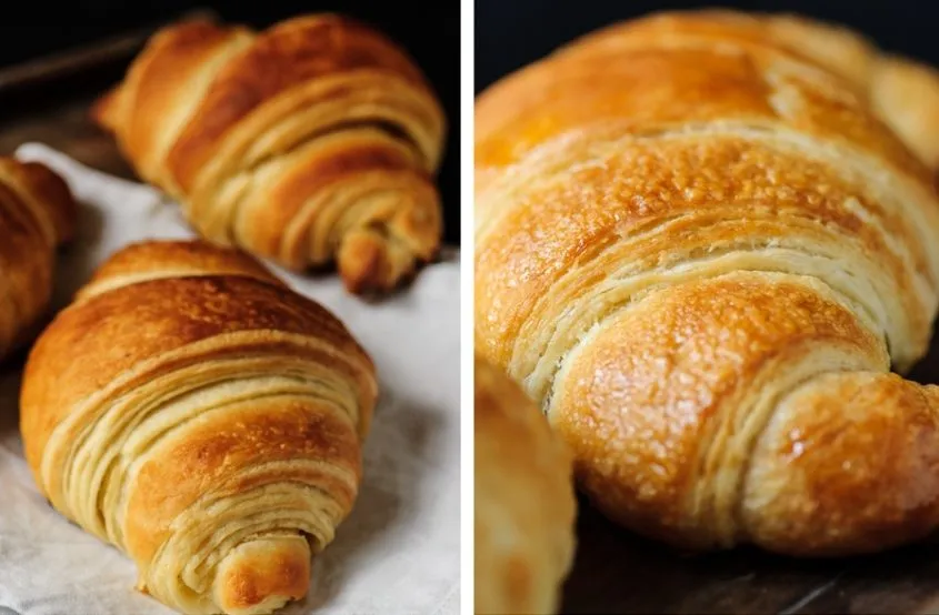 Zwei Bilder von veganen Croissants nebeneinander