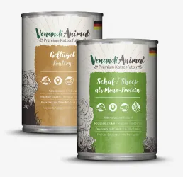 Zwei Dosen Venandi Animal Nassfutter in den Sorten Geflügel und Schaf mit Aufschrift „Nassfutter“ – Kategorieauswahl auf der Startseite