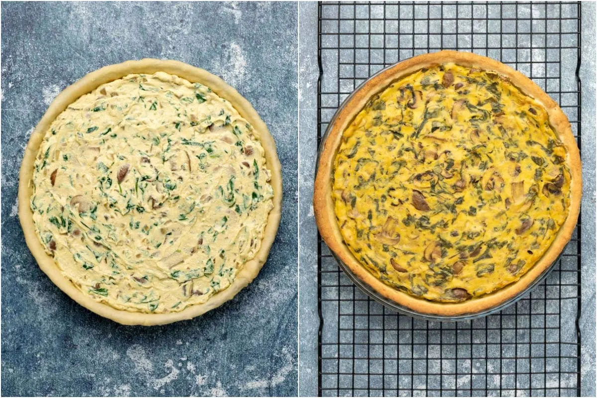 Zwei Fotos: Vegane Quiche vor und nach dem Backen.