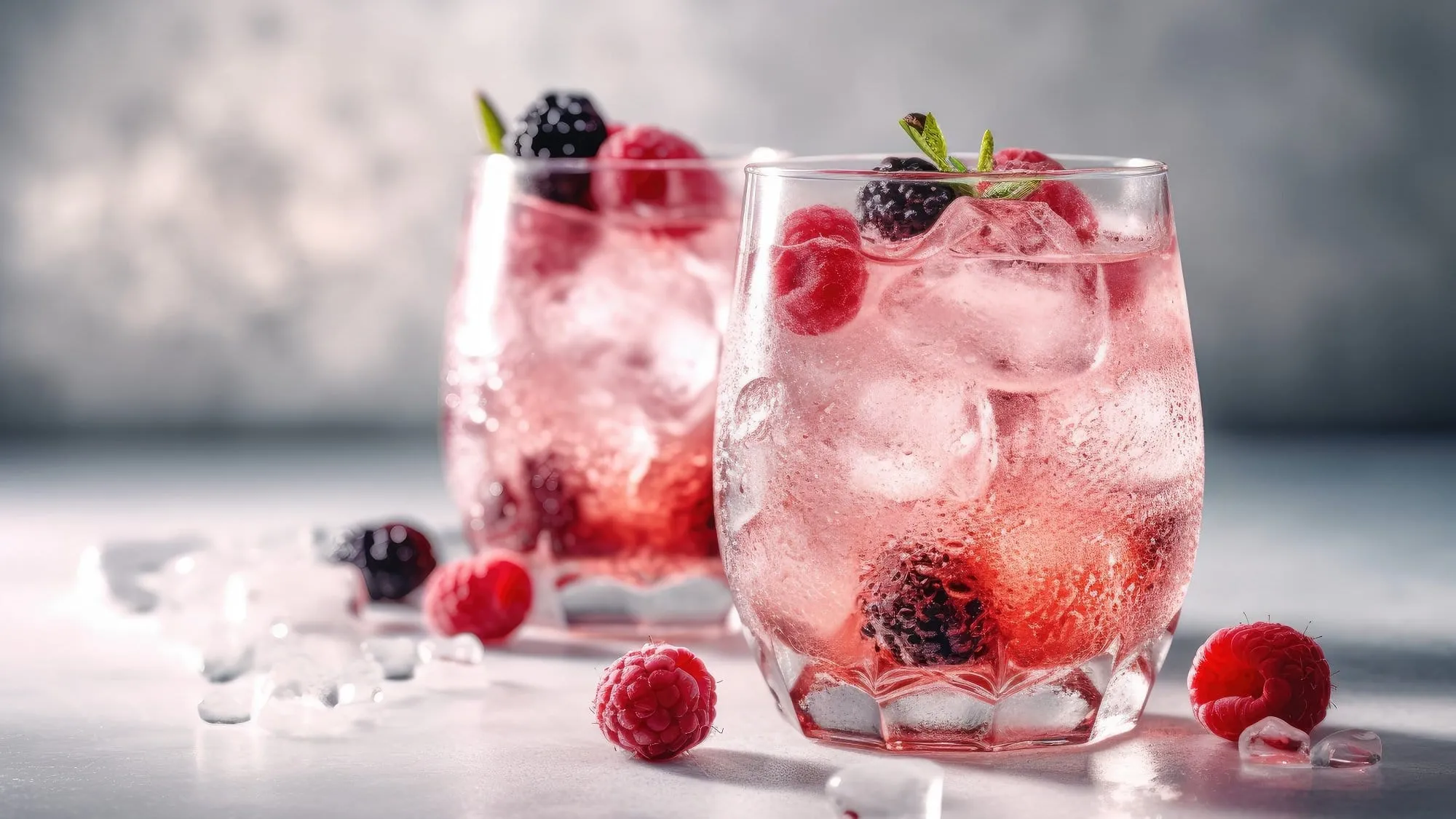 Zwei Gläser Lillet Spritz mit Beeren und Eiswürfeln, umgeben von geschmolzenen Eiswürfeln und frischen Beeren