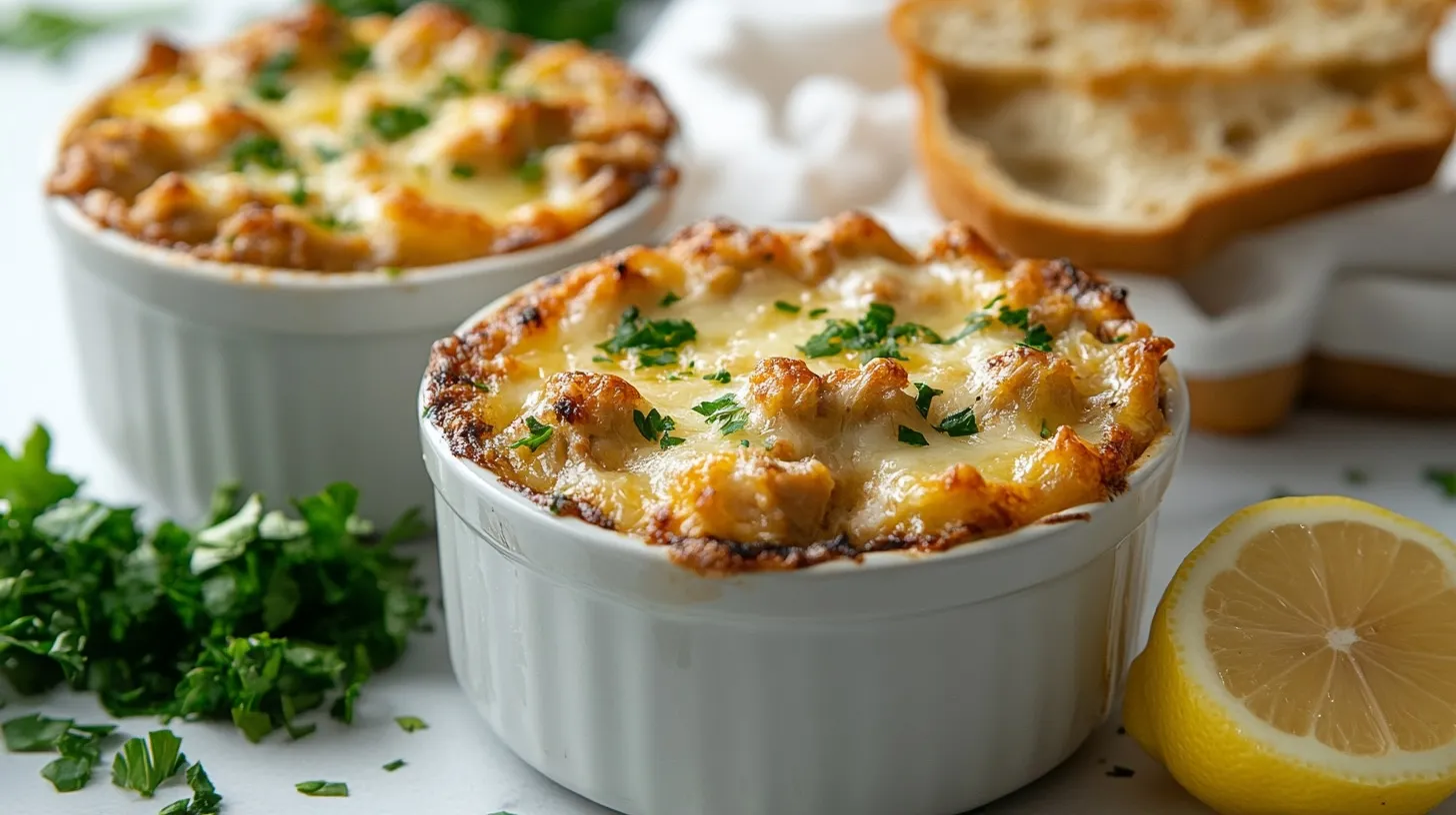 Zwei goldbraun überbackene Würzfleisch-Portionen in Auflaufförmchen, garniert mit frischer Petersilie, daneben geröstetes Weißbrot und eine Zitronenspalte.