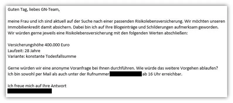Zweite Beispiel-E-Mail eines Kunden, der detaillierte Beratung zu seiner Risikolebensversicherung sucht.
