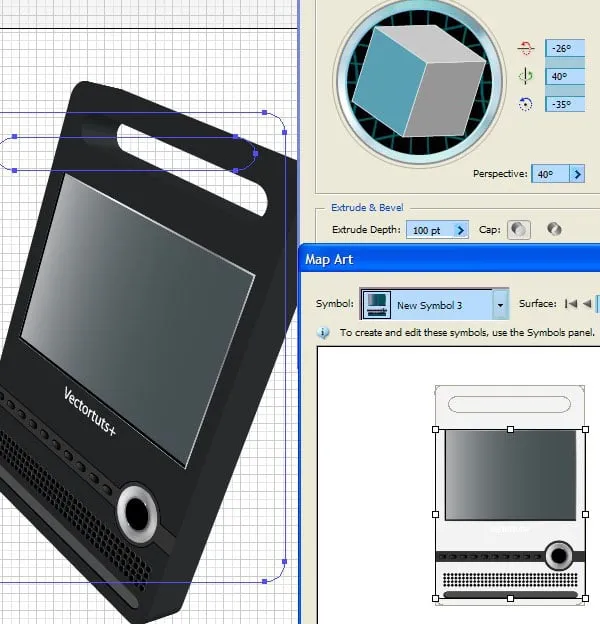 3D Extrudieren &amp; Abkanten-Einstellungen für die Hauptform des Illustrator DVD-Players