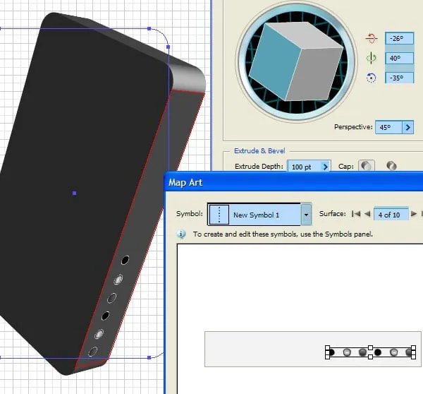 3D Extrudieren &amp; Abkanten-Einstellungen und Symbolzuordnung für die Hintergrundplatte