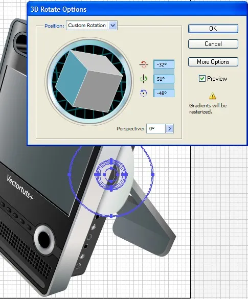 3D-gedrehte Disk für den Illustrator DVD-Player, positioniert zwischen den Komponenten