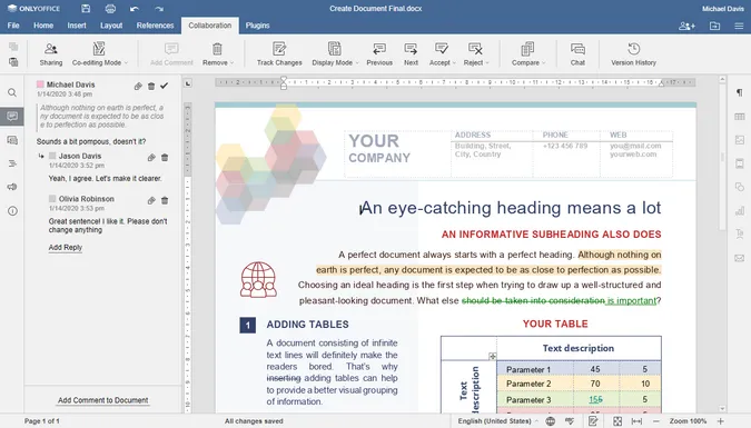 Abbildung der Kommentarfunktion in ONLYOFFICE Docs, die eine effiziente Echtzeit-Zusammenarbeit und Diskussionen in Dokumenten ermöglicht, was es zu einer starken Google Docs Alternative macht.