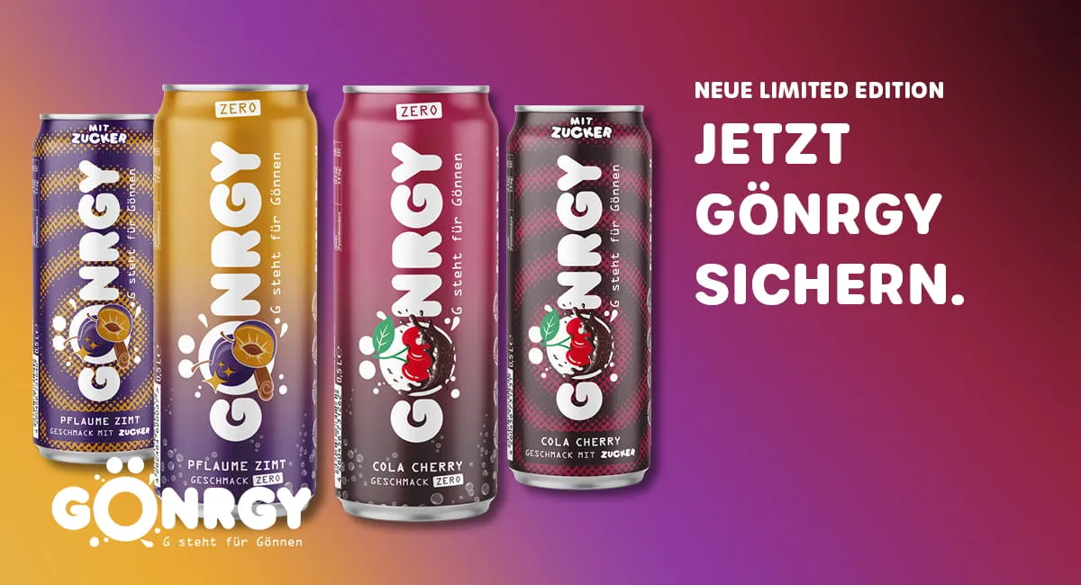 Abbildung von drei Dosen der Gönrgy Limited Edition mit Pflaume-Zimt und Cola-Cherry Geschmacksrichtungen