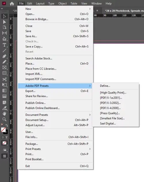 Adobe PDF-Vorgaben in InDesign mit Auswahl der Saal Digital Joboptionen für Fotobuch-Druck