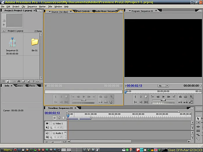 Adobe Premiere Pro 2.0 Benutzeroberfläche unter WINE auf Linux