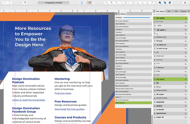 Affinity Publishers Benutzeroberfläche zum Speichern mit Verlauf.