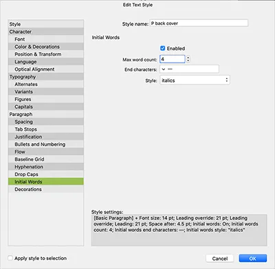 Affinity Publishers Funktion &quot;Anfangswörter&quot;.