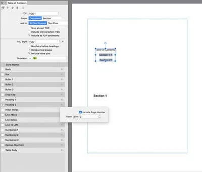 Affinity Publishers Inhaltsverzeichnis-Funktion.