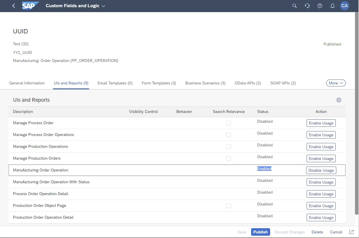 Aktivierung des benutzerdefinierten Feldes für die Verwendung in der UI