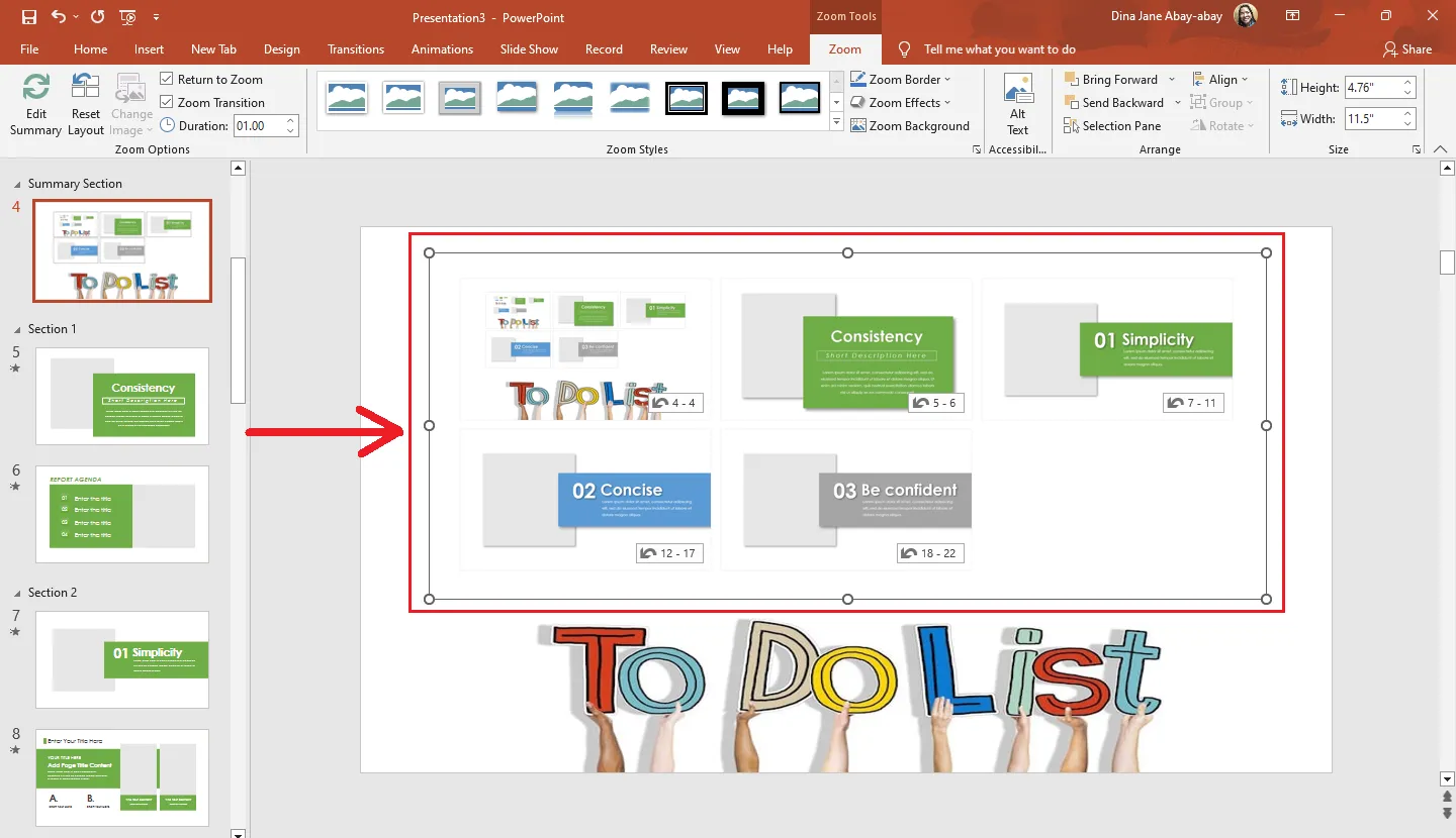 Aktualisierte Übersichtsfolie nach dem Hinzufügen oder Entfernen von Folien