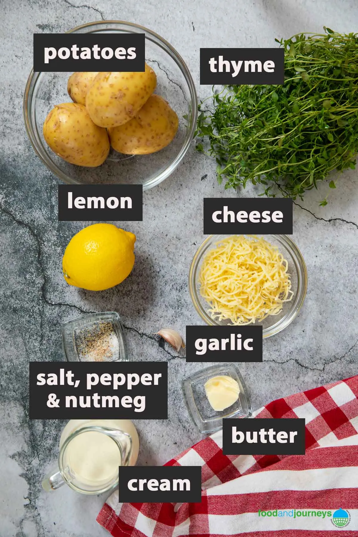 Alle Zutaten, die Sie benötigen, um Kartoffelgratin zu Hause zuzubereiten.