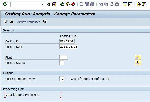 Analyseparameter für die Kostenkalkulation in SAP CK40N mit Hintergrundverarbeitungsoption