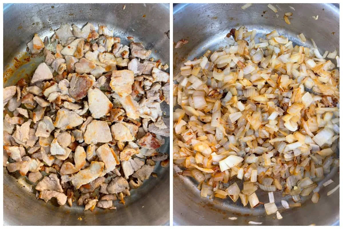 Anbraten von Fleisch und Zwiebeln in der Pfanne