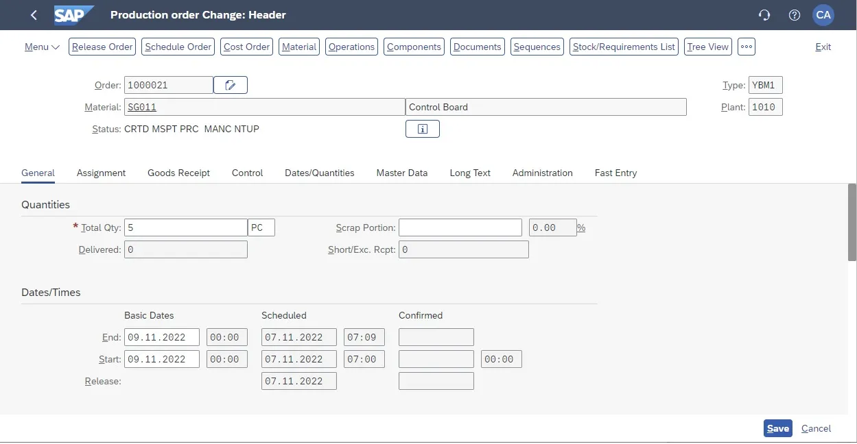 Änderung der Daten eines Fertigungsauftrags und Speichern der Änderungen
