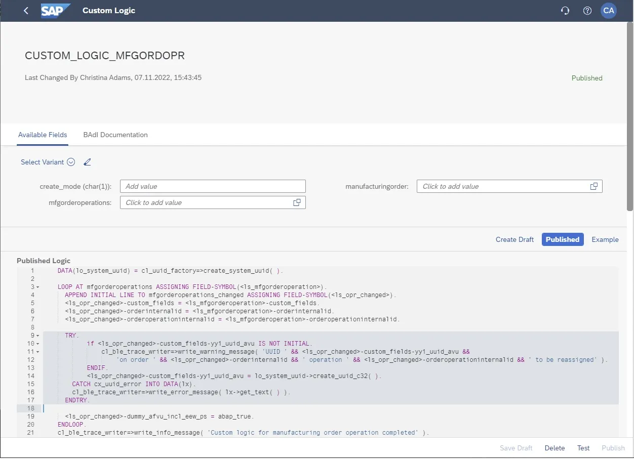 Angepasster ABAP-Code für die Custom Logic zur UUID-Generierung und Veröffentlichung