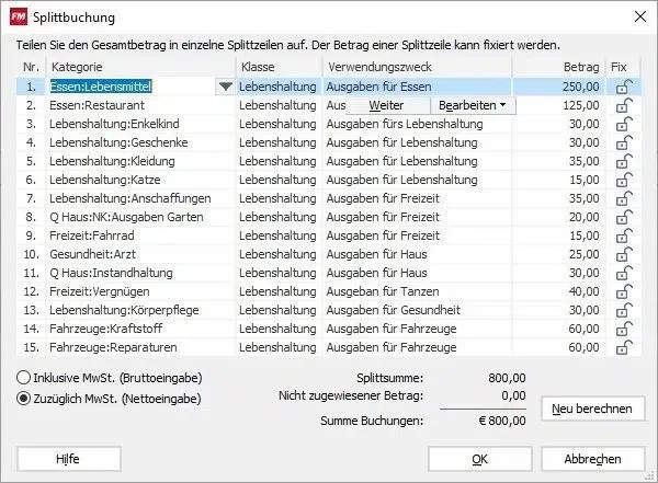Angepasster Splittdialog im Lexware FinanzManager 2022 mit veränderbaren Spaltenbreiten und Schriftgröße