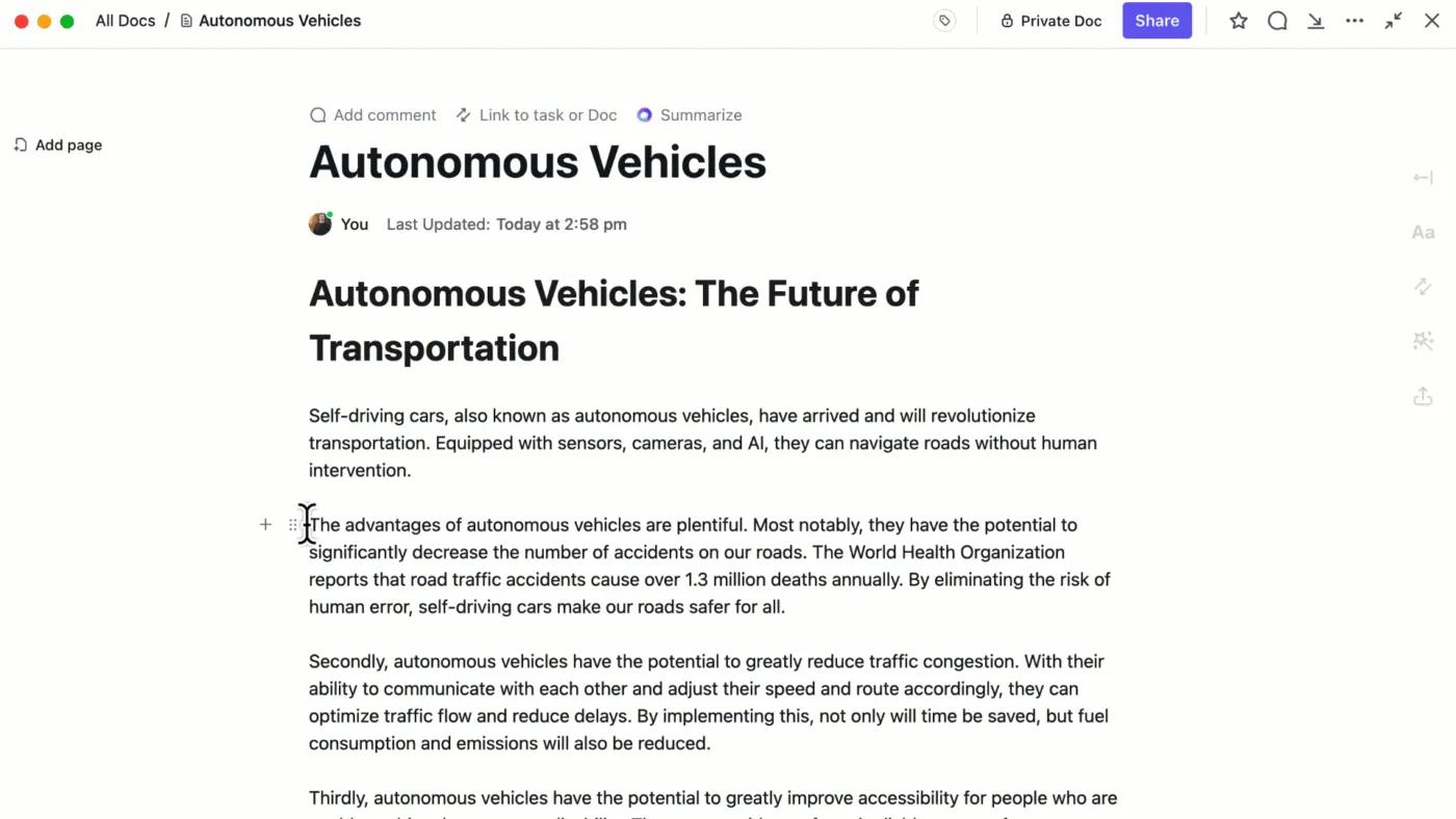 Animation, die die direkte Bearbeitung von Inhalten in ClickUp Docs mit Hilfe von ClickUp AI zeigt.