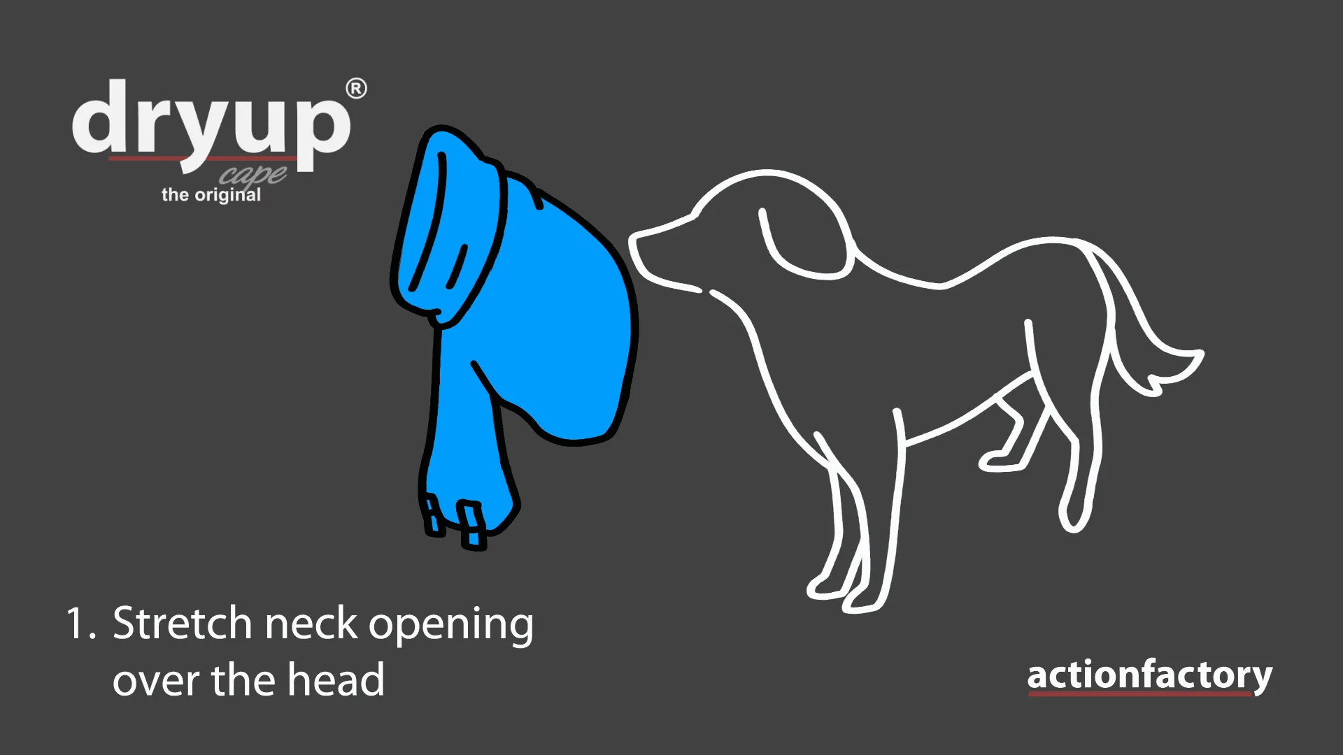 Animierte Anleitung zur einfachen Anwendung des dryup capes am Hund