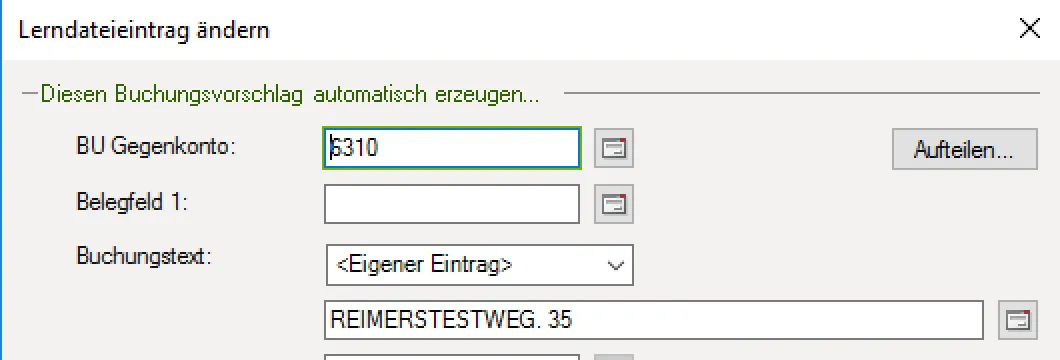 Anlage eines Buchungssatzes in einer DATEV Lerndatei zur Automatisierung