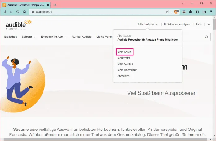 Anmeldung bei Audible und Navigation zum Bereich „Mein Konto“