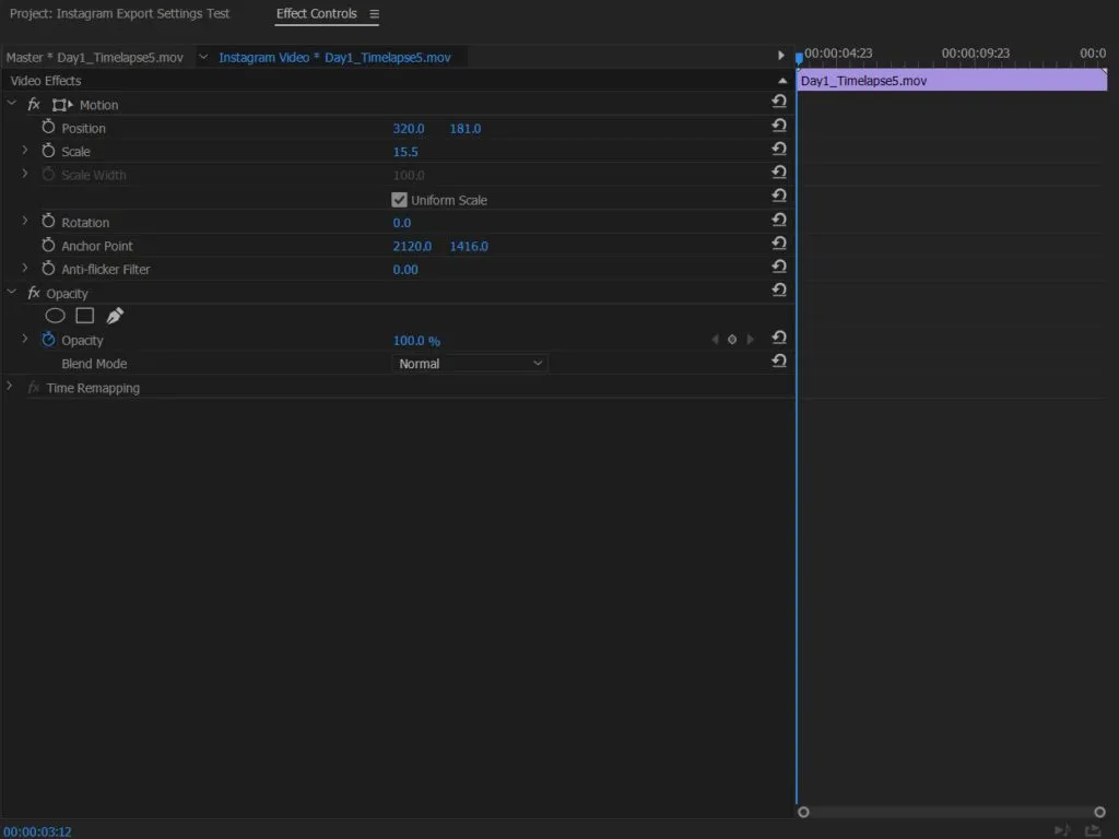 Anpassen der Videogröße (z.B. 4K) in den Effekt-Optionen, um sie Instagram-tauglich zu machen
