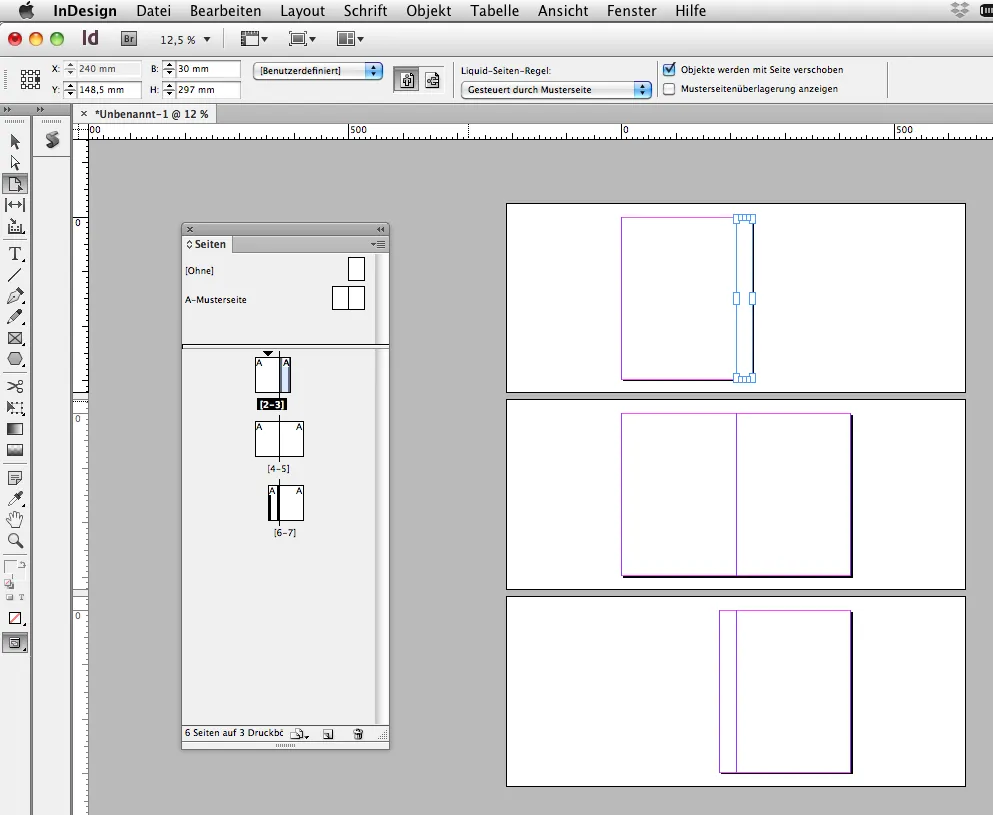 Anpassung der Buchrückenbreite mit dem Seitenwerkzeug (Page Tool) in InDesign.