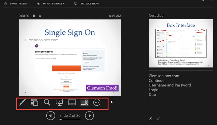 Ansicht der PowerPoint Referentenansicht mit Folie, Notizen und Werkzeugen unter Windows