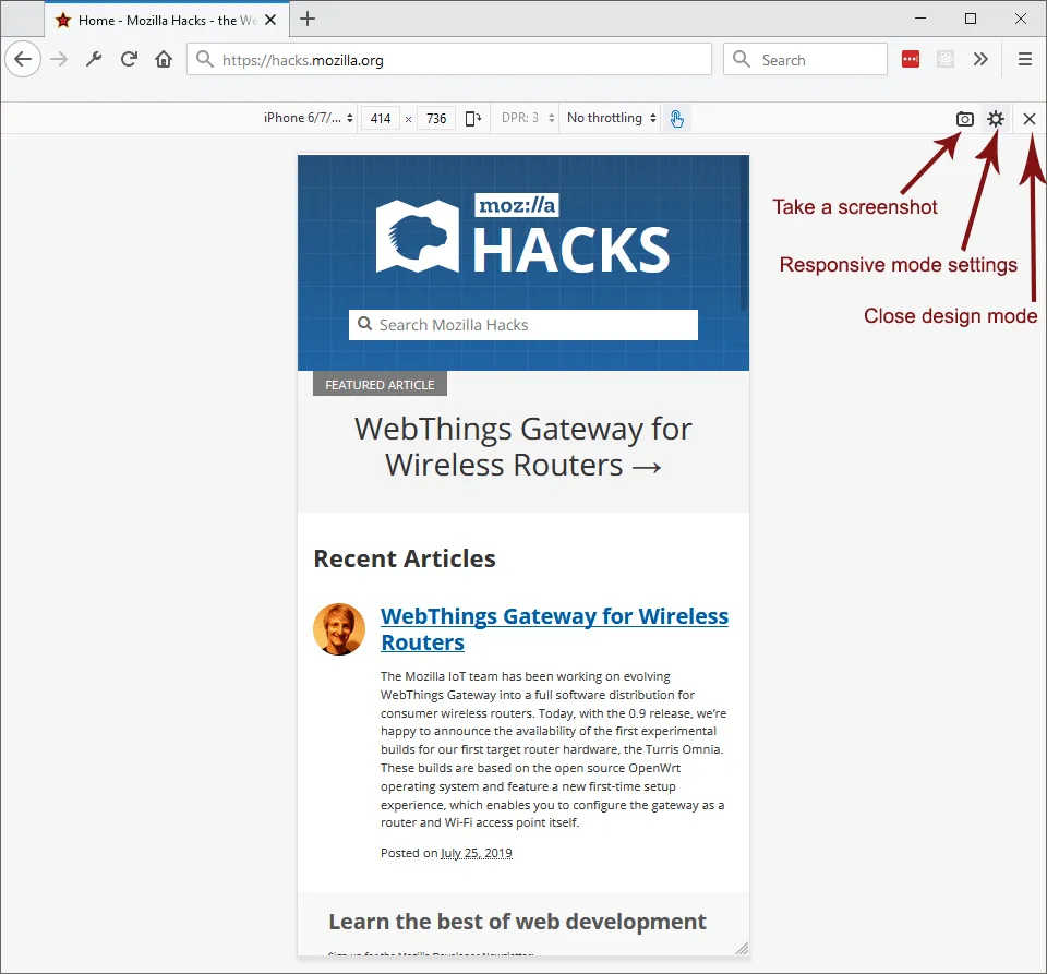 Ansicht des Responsive Design Mode in Firefox mit Geräteinformationen und Steuerelementen