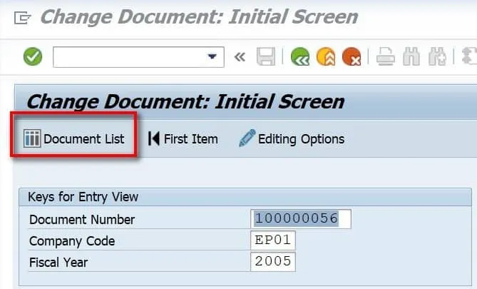 Ansicht des SAP-Belegs in FB02 im Änderungsmodus