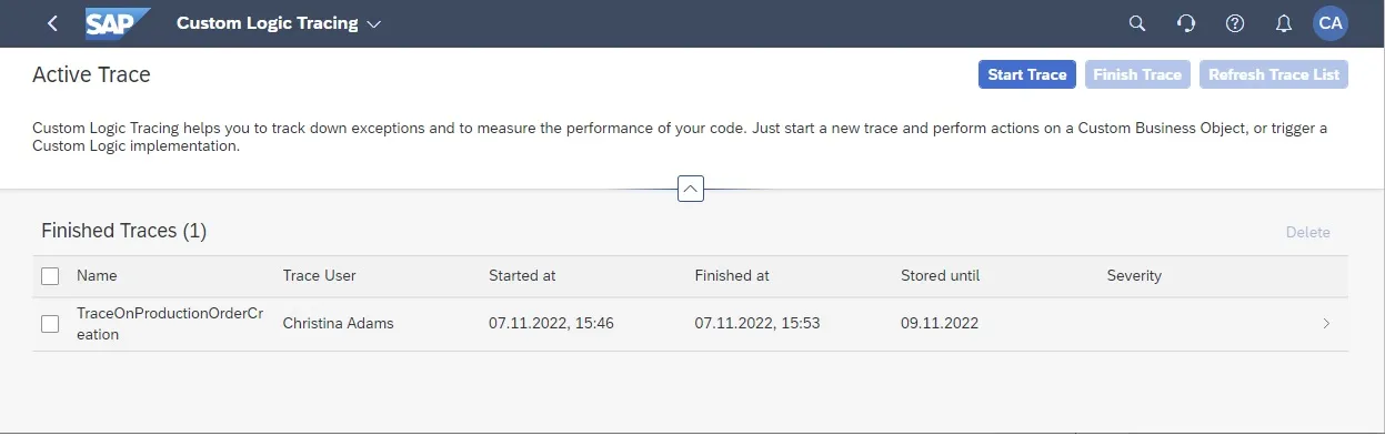 Anzeige der Trace-Datei nach Abschluss der Erstellung eines Fertigungsauftrags