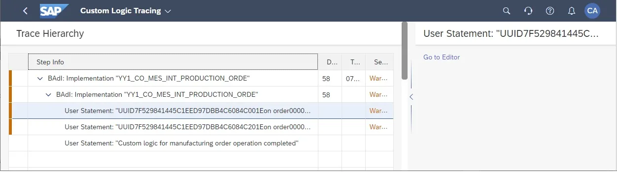 Anzeige der Trace-Inhalte für eine Auftragsänderung, inklusive Warnmeldungen