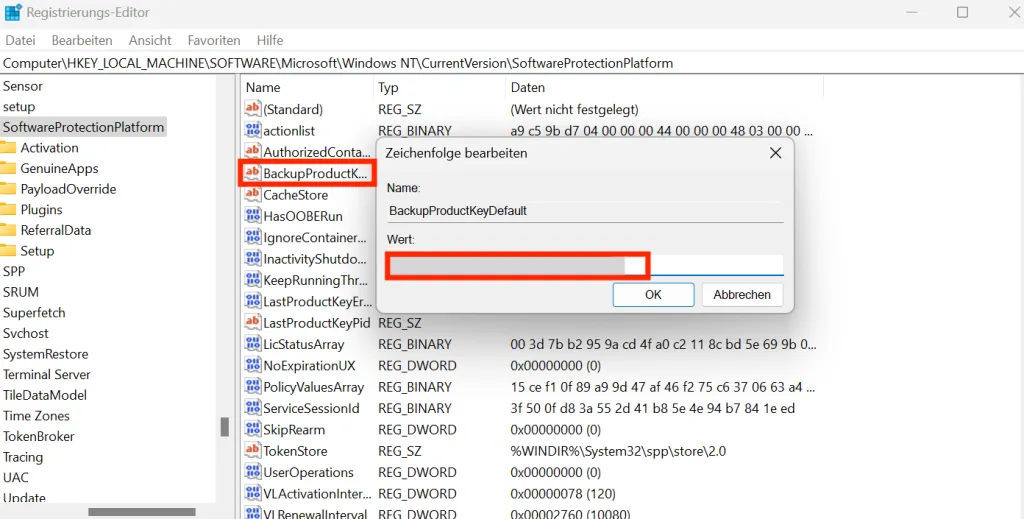 Anzeige des &quot;BackupProductKeyDefault&quot; Wertes im Registrierungseditor, der den Windows 10 Product Key enthält