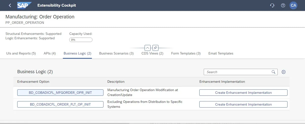 Anzeige verfügbarer BAdIs für den Geschäftskontext &quot;Manufacturing: Order Operation&quot;